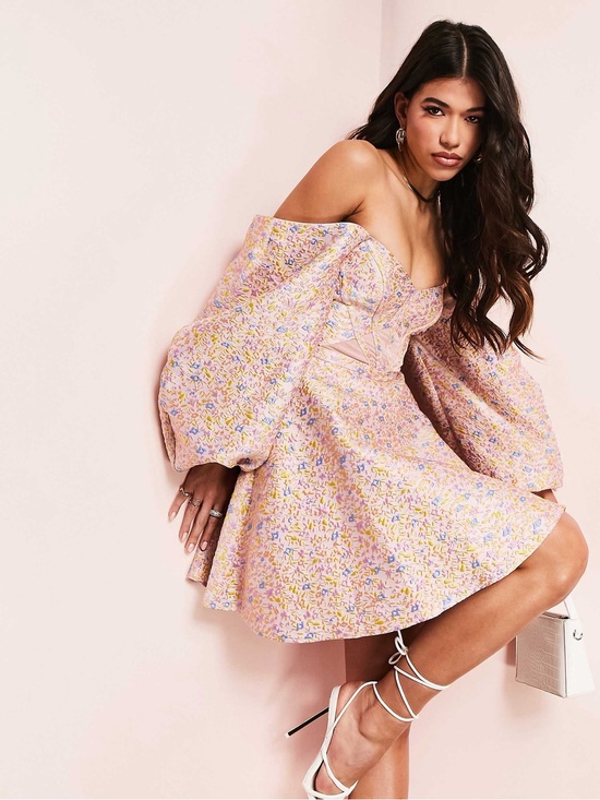 ASOS Dresses & Skirts - ASOS Luxe Puff Sleeve Floral Jacquard Mini Dress Pink 8 Coquette Cottagecore ASO